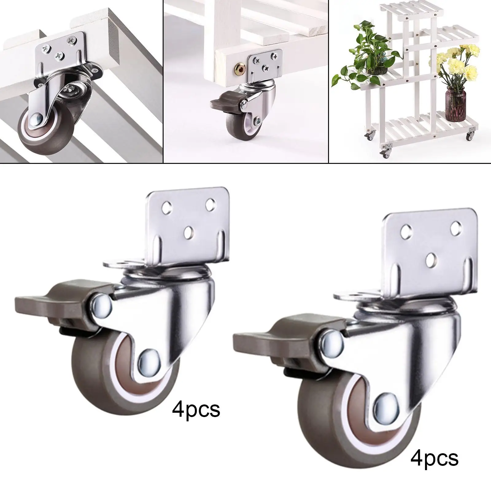 4Pcs L Shaped Plate Swivel Caster Rubber Wheel Mute with Brake Side Mounted for Furniture Carts Trolley Baby Bed Kitchen Cabinet