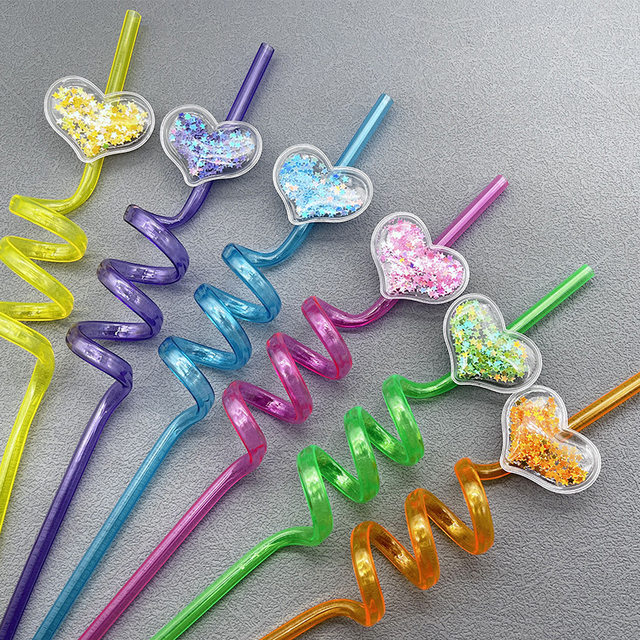 Creative Transparent Heart-shaped Sequin Curved Straw Plastic