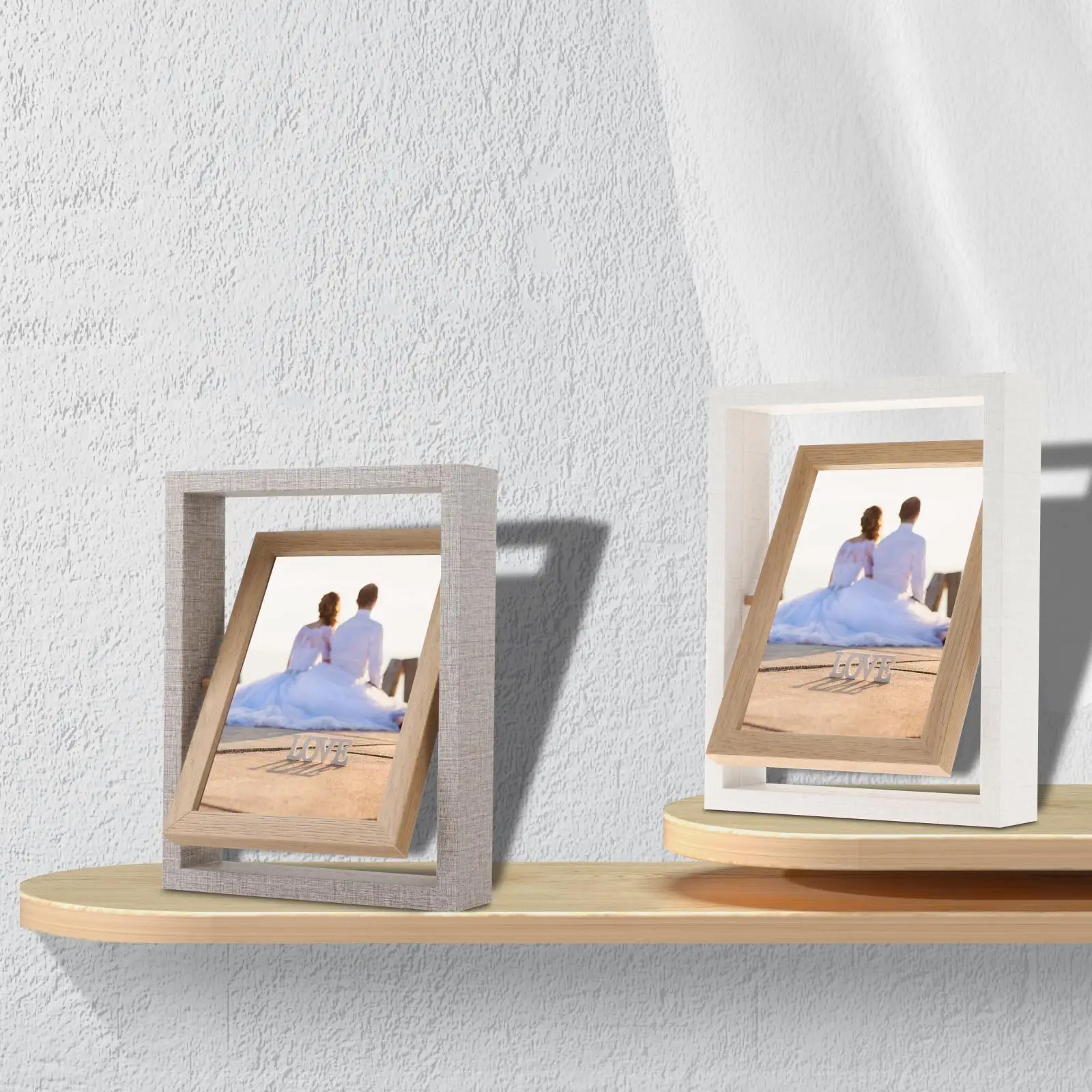 Floating Picture Frame Desk Decors Wooden Rotating Photo Frame for Living Room