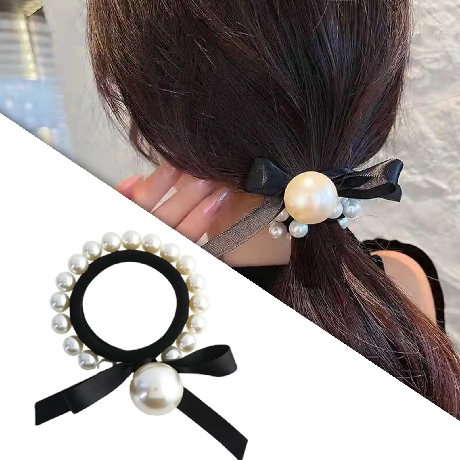 Artificial Hair Bowknot Elastics Hair Bands with Pearl Ponytail Hold Circle Rope Accessories Bow Knot Hair Bands Rope for Women
