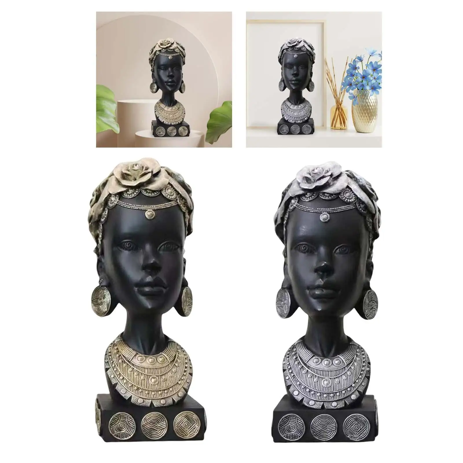 Novelty African Woman Head Statue Female Bust Art Sculpture Lady Figurine Stylish for Home Hotel Bedroom Birthday Desktop