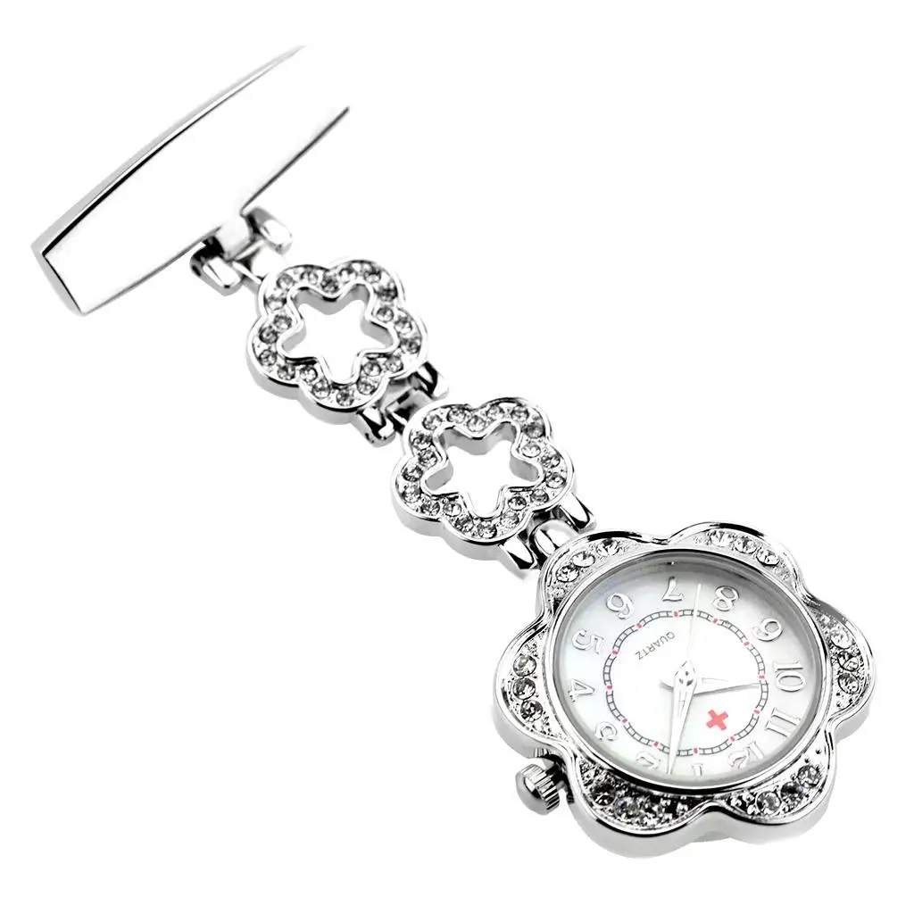 Crystal Rhinestone Flower Round Dial Nurse Watch Brooch Tunic Fob Watch Quartz