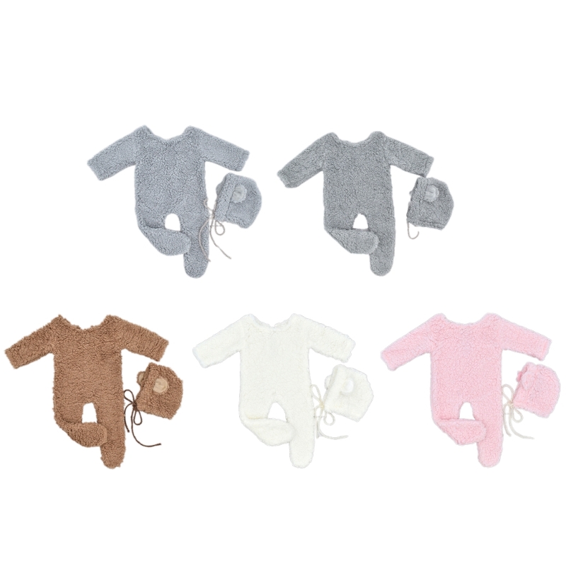 Baby Foto Schießen Requisiten Berber Fleece Bär Ohr Hut & Overall Set Neugeborenen Foto Requisiten Infant Fotografie Outfit 2PCS – Detail 1