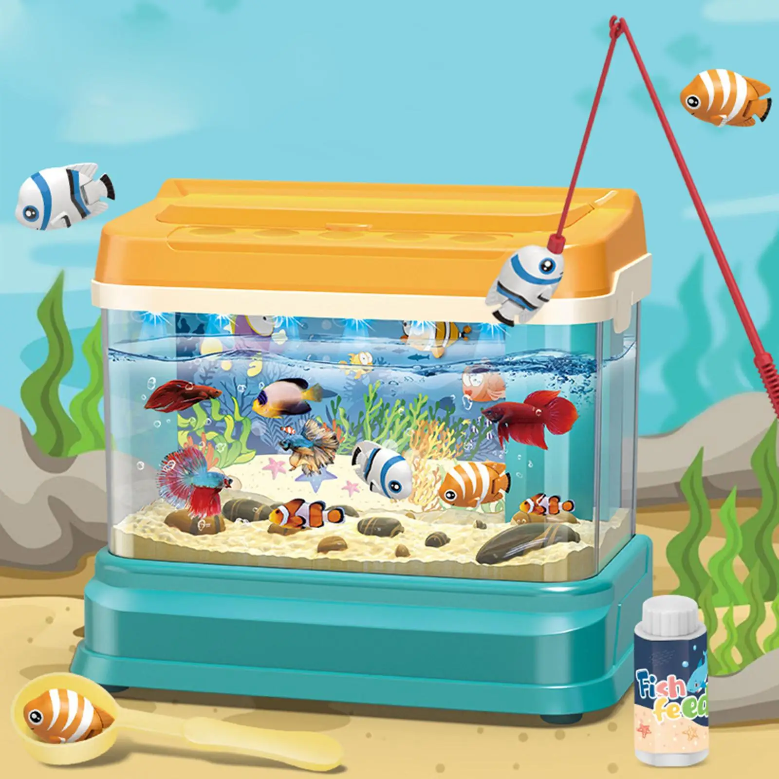 Artificial Fish Tank with Moving Music Fishing Rod Educational Toys with USB Light Kids Fishing for Children Kids