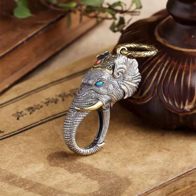 RetroSen Neue Silber Manuelle Elefanten Gott Des Reichtums Anhänger Ring Schnalle Auto Keychain Persönlichkeit Kreativität Vintage Besteck – Detail 4