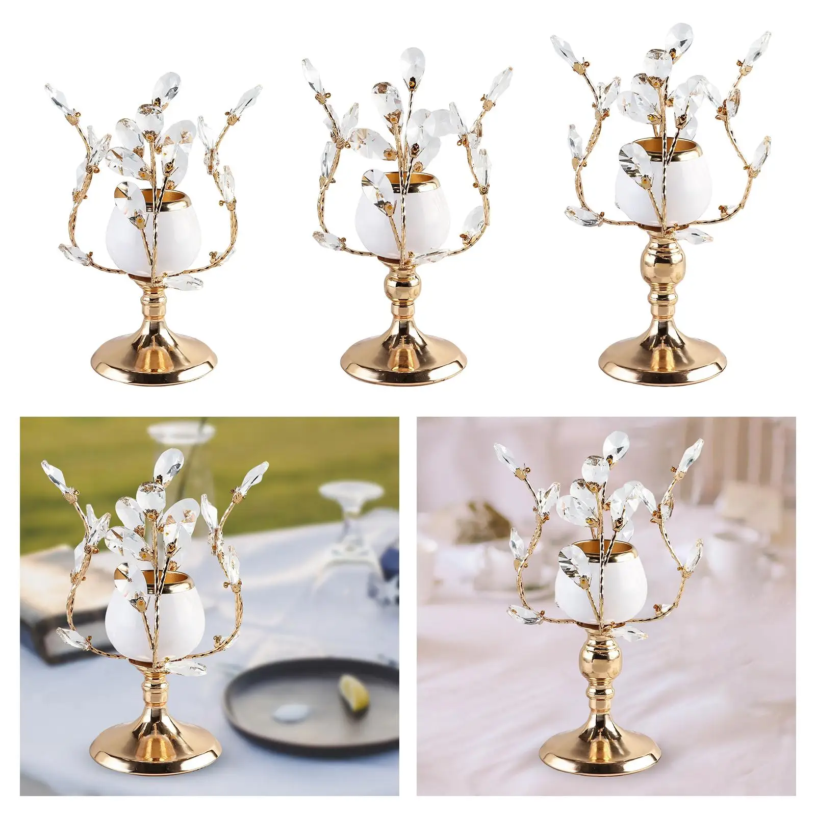 Gold Crystal Candle Holder Wedding Candlestick Dinner Banquet Pillar Stand