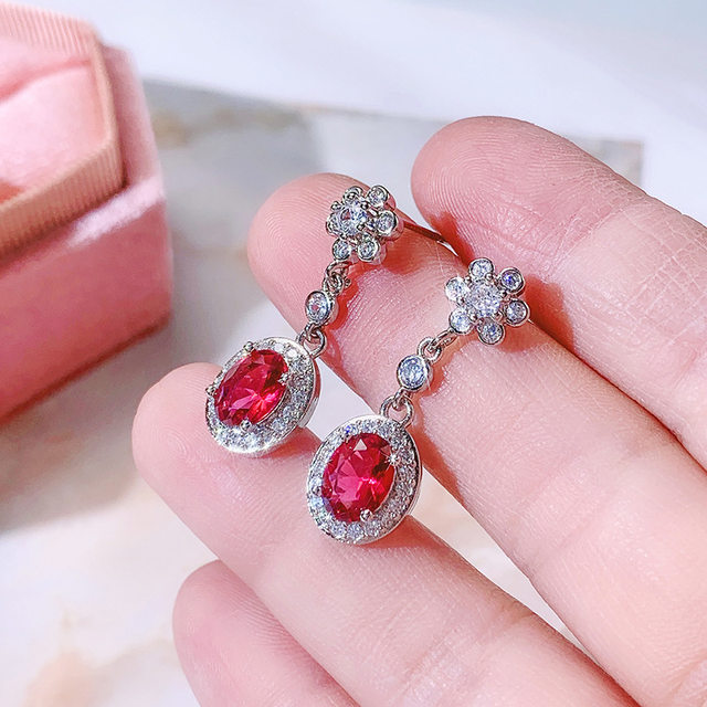 Ladies Full 2024 Diamond Red Corundum Earrings