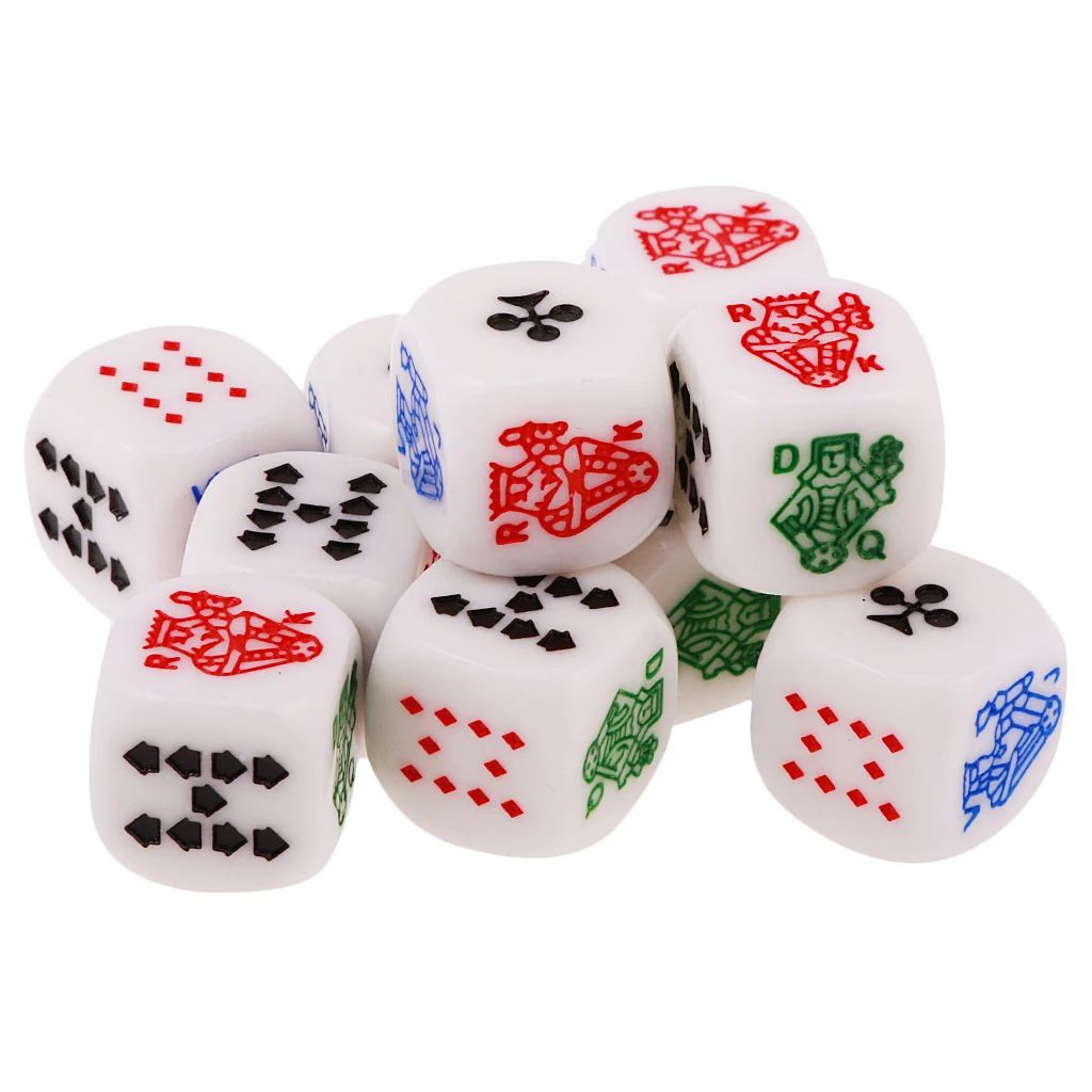 10 Pieces of 12mm/0.47inch Acrylic 6-Sided Poker With Symbols A K Q 9