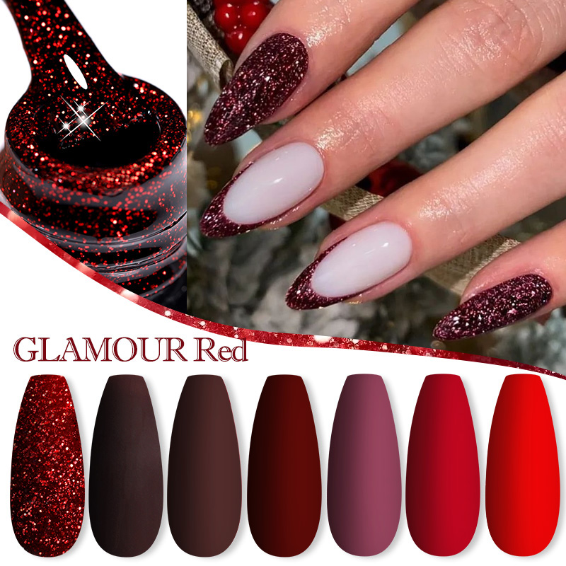 Description Picture 2 of itemLILYCUTE 7ML Dark Red Glitter Color Gel Nail Polish Autumn Red Series Semi Permanent Nail Art Gel Varnish Need Matte Top Coat