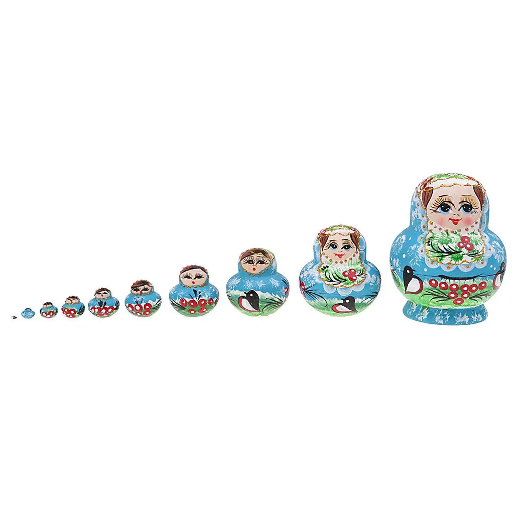 Christmas Decoration Gift ? Blue  Printed Russian Matryoshka  Dolls ? Hand Painted 10 Pieces Kit