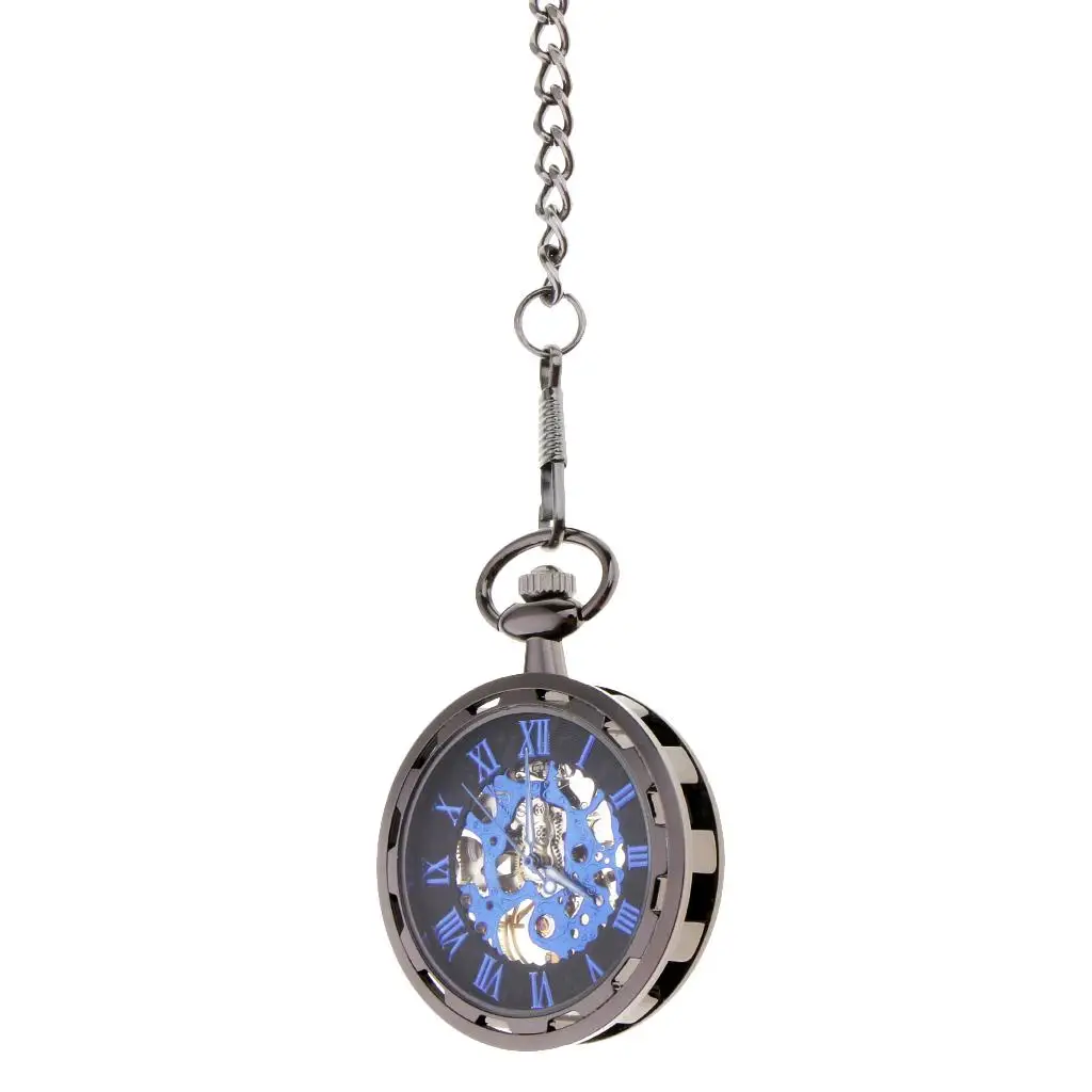 Vintage Blue Hands Steampunk Skeleton Mechanical Pocket Watch with Chain for Men Women