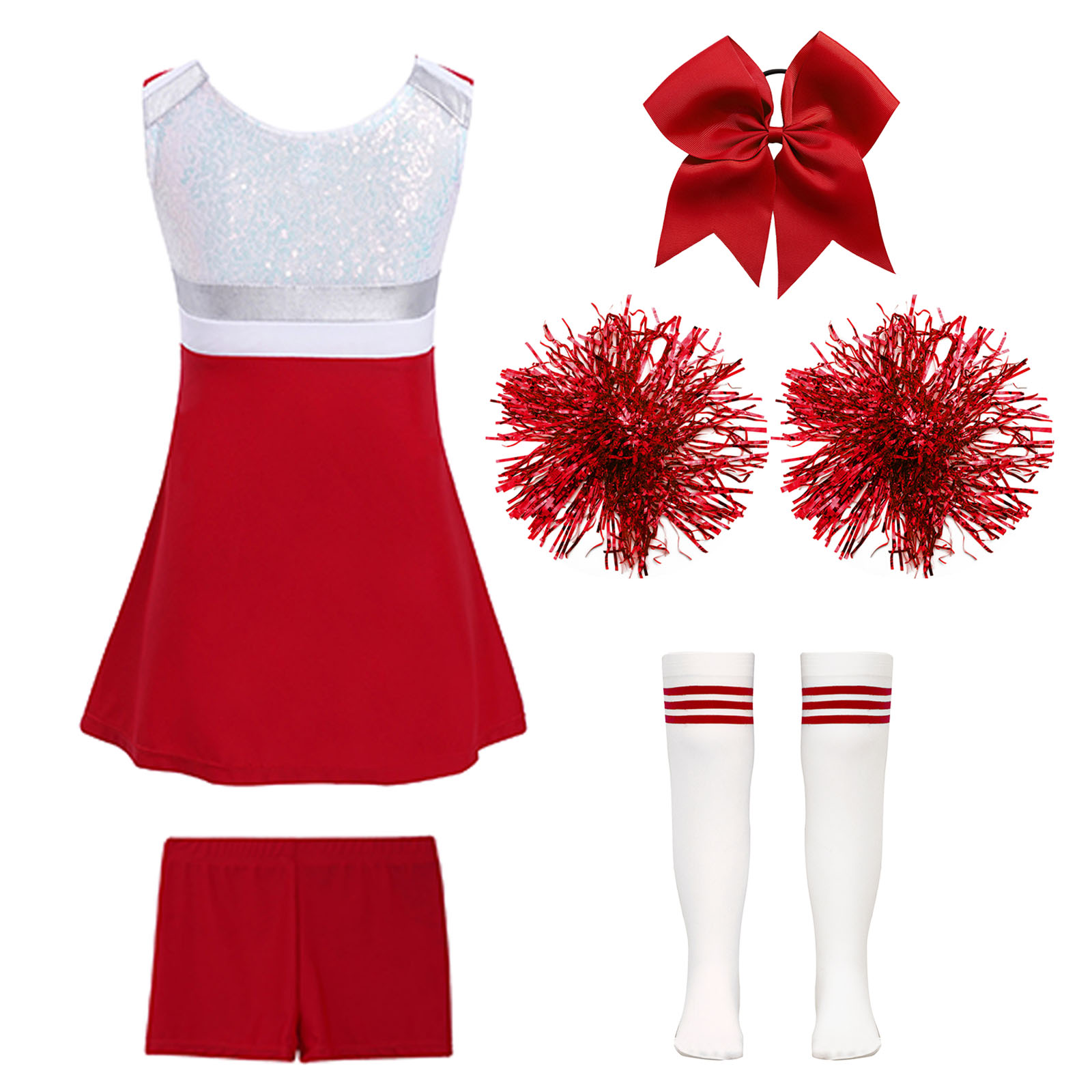 Cheerleader-Kostüm für Mädchen, Cheerleading-Uniform, modernes Tanzoutfit, glänzendes Paillettenkleid mit Shorts, Tanzkleidung – Detail 7