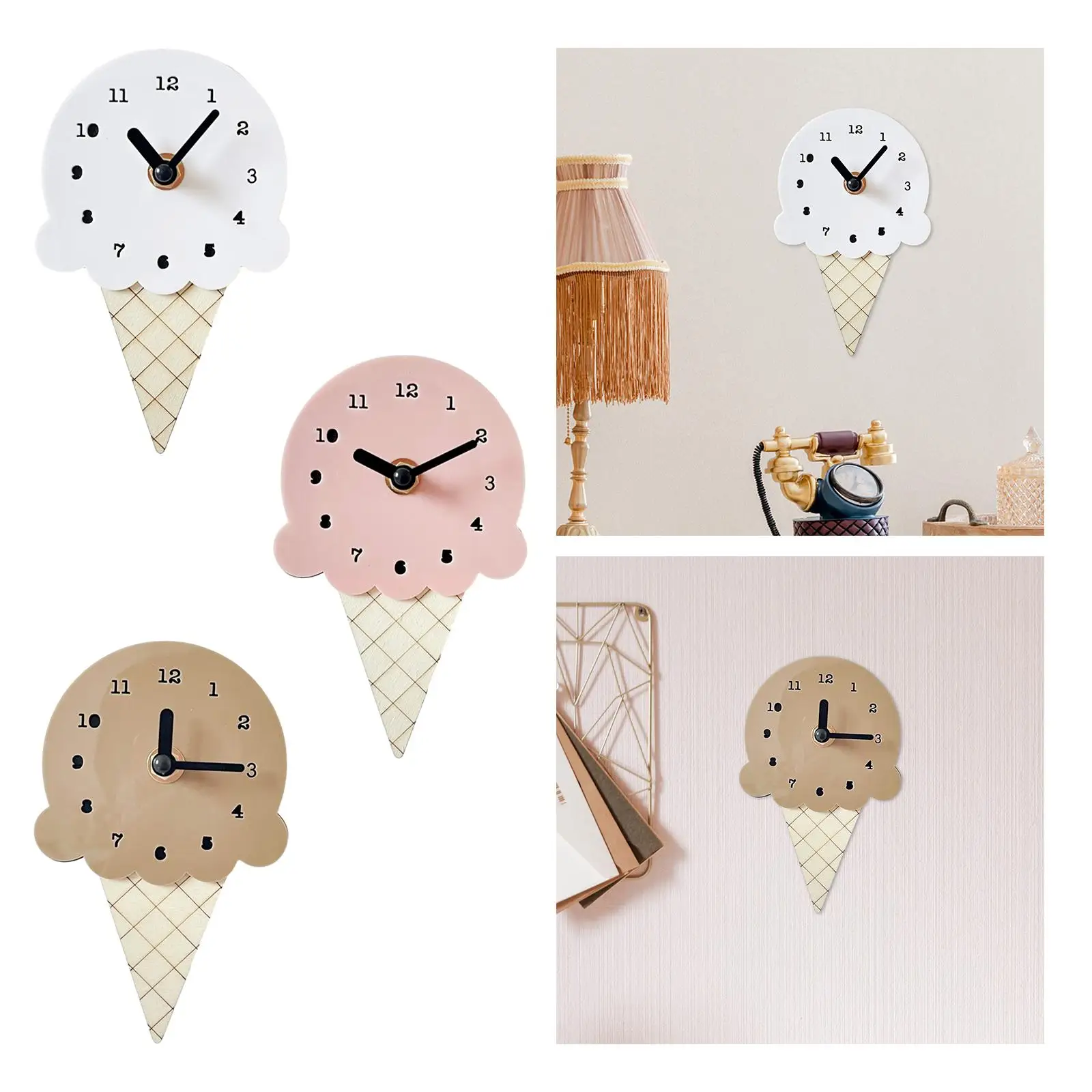 Wall Clock Ice Cream Shape Ice Cream Shaped Basswood Stylish Silent Clock for Office Living Room Home Wall Decor Kids Room