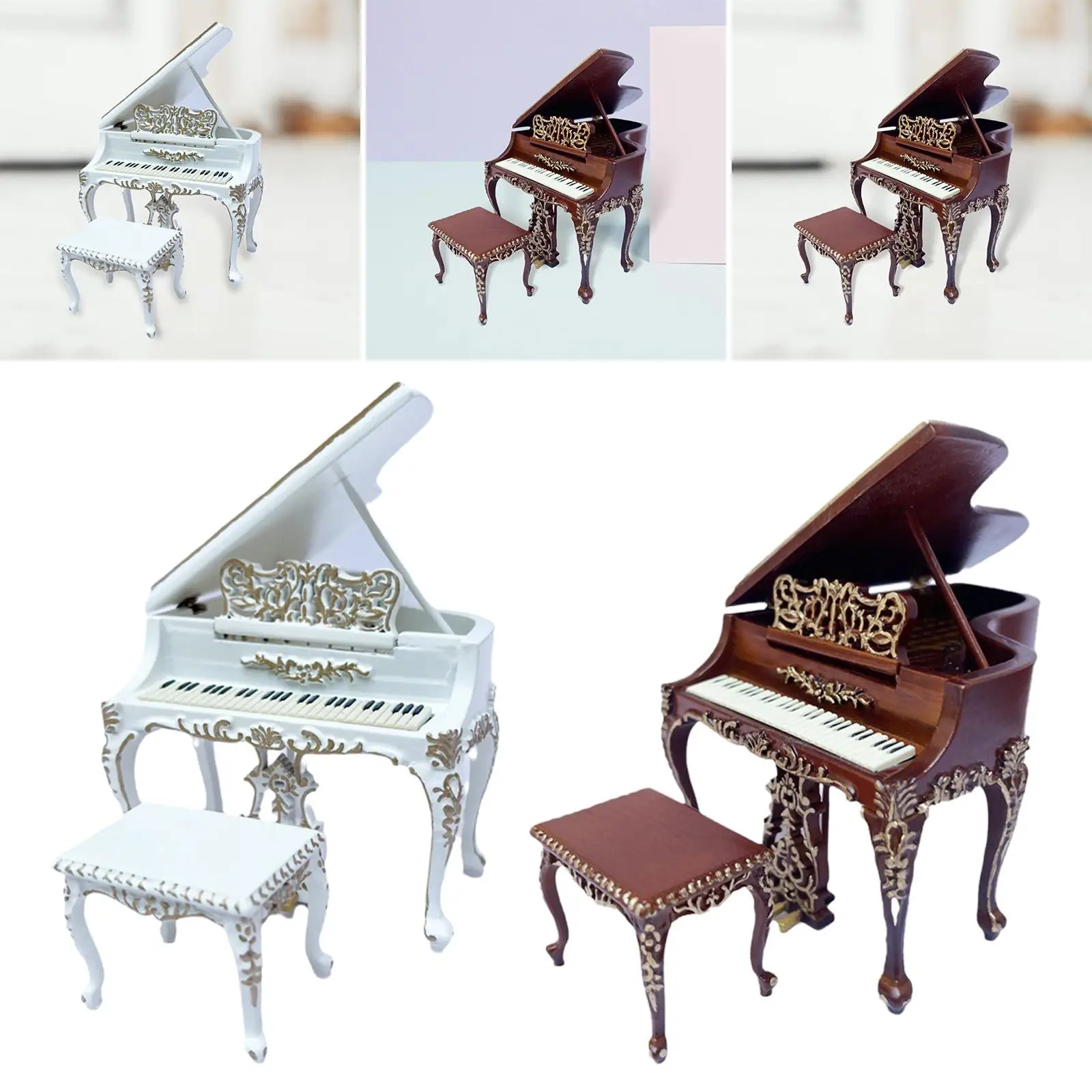 Miniature Piano Model with Stool Dollhouse Decor Mini House Scene Furniture Miniature Piano with Chair for Living Room Decor