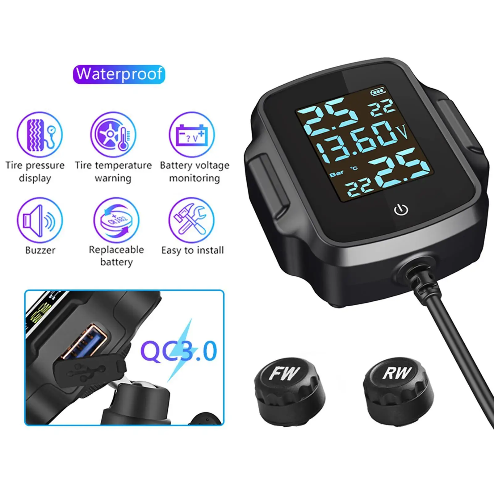 Motorcycle   Tire Pressure  System, IP67 Waterproof, Easy to Install, 3.0 USB Charger  Tablet