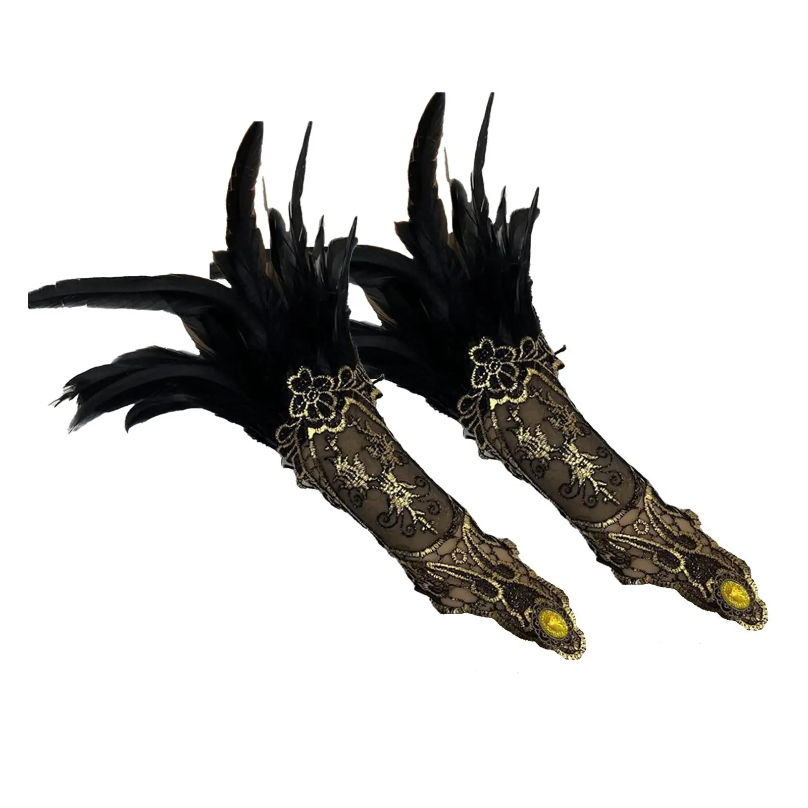 Feather Long Gloves Gothic Lace Gloves Wrist Cuffs Fancy Dress up Floral Masquerade Driving Feather Lace Gloves Gothic Gloves