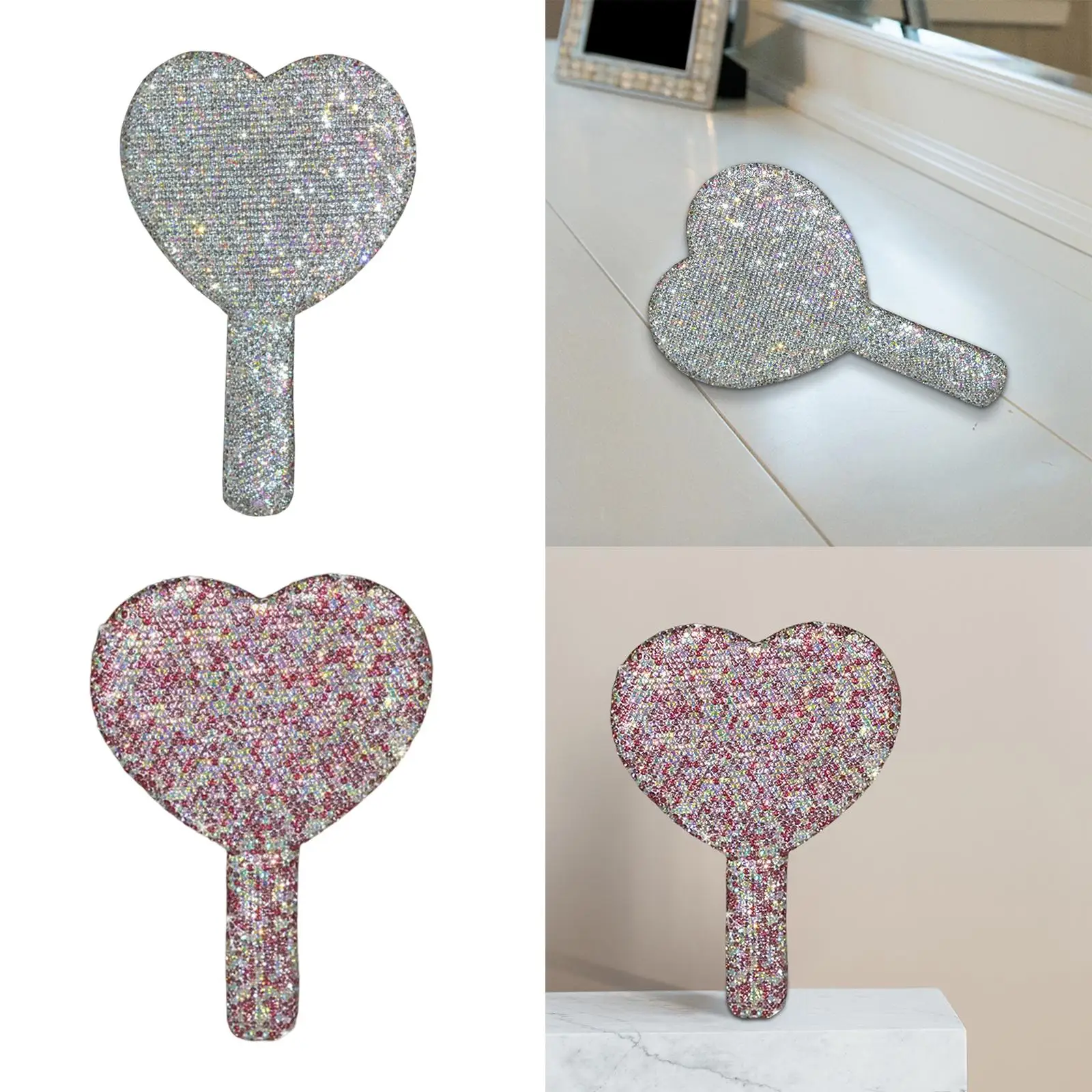 Cute Handheld Makeup Mirror Cosmetic Mirror with Handle Princess Handheld Mirror Bling Heart-Shaped for Valentine`S Day Gift