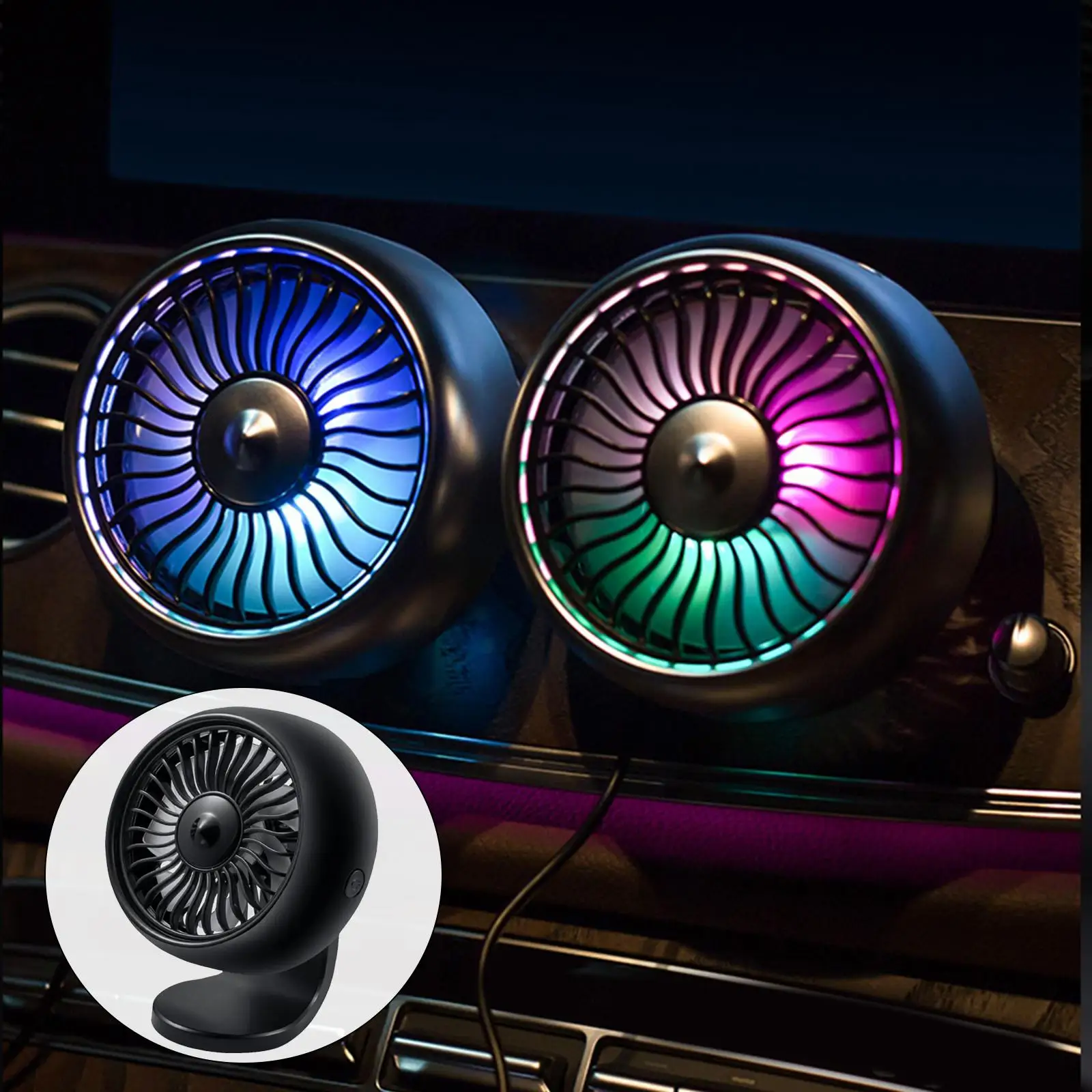 Car Fan Air Vent Mount 3 Speed Universal with Colorful Light Cooling Fan Fits for Auto