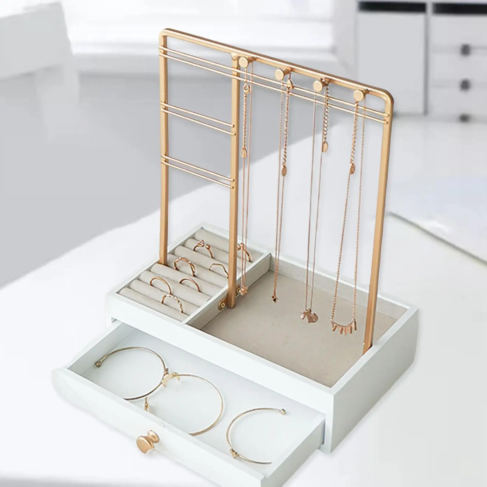 Jewelry Organizer Stand with Drawer Wood Basic with Hooks Storage Box Display Tower for Necklace Rings Earring Watches Bracelets