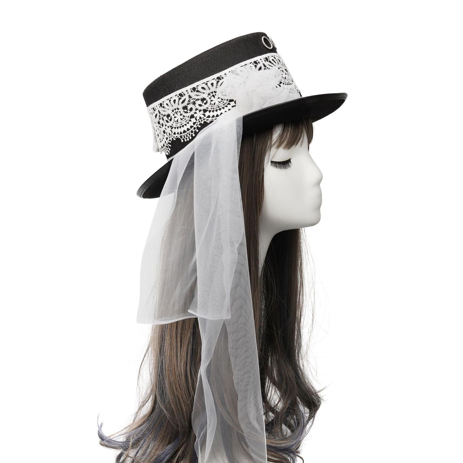 Vintage Women Steampunk Top Hat White Lace Decor Veil Costume Hat, Masquerade Costume Party Jazz Hat Made of Thick Felt Gift