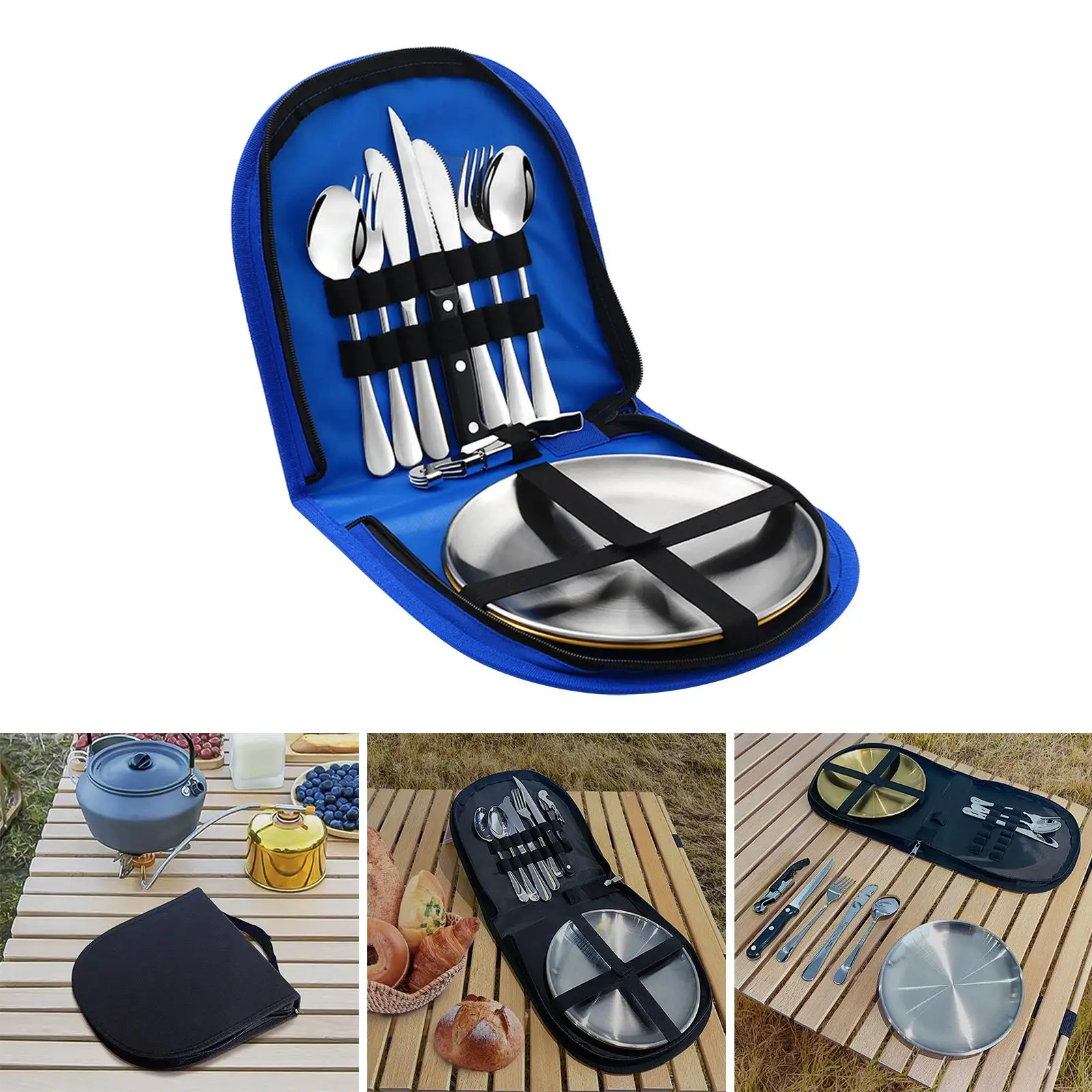 10 Pieces Stainless Steel Picnic Family Cutlery Set Travel Camping Utensil Includes Forks Spoons Knifes Dish for Hiking Barbecue