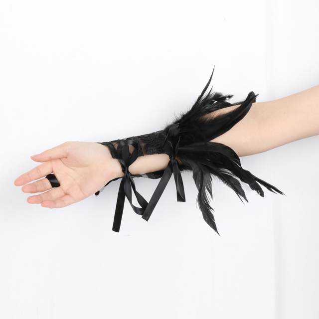 Gants Dentelle Noire Avec Plumes ZoneYan - Sans Doigts - Pour Soirée & Cosplay