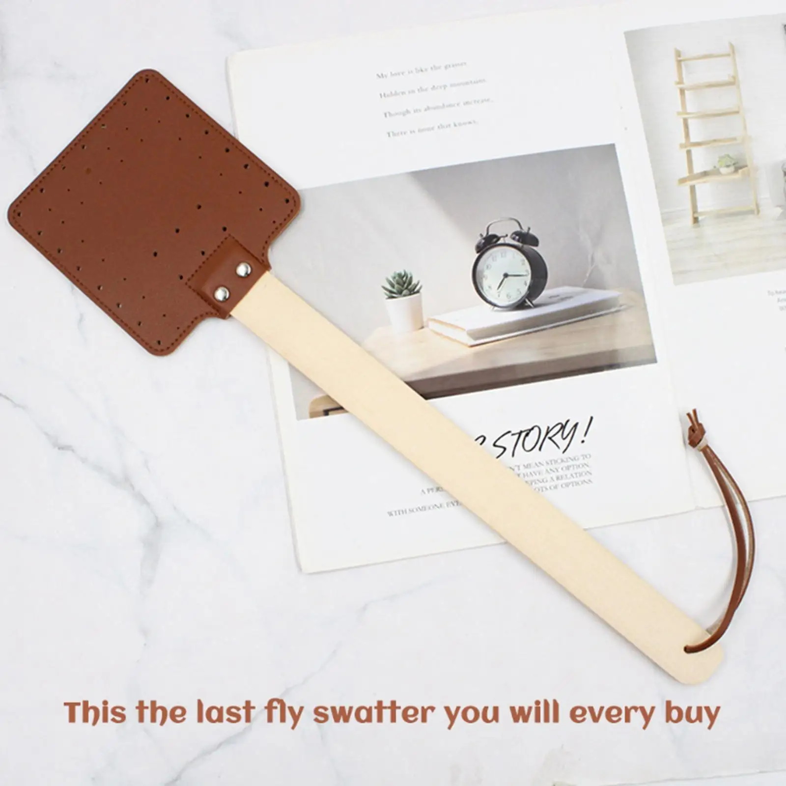 Fly Swatter with Wooden Handle PU Leather Swatter Bees Swatter for Outdoor