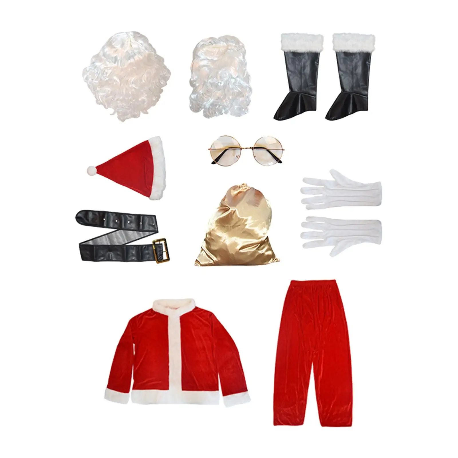 10Pcs Santa Costume for Men, Christmas Clause Outfit Wig Beard Velvet for Clothing Accessory, Holidays