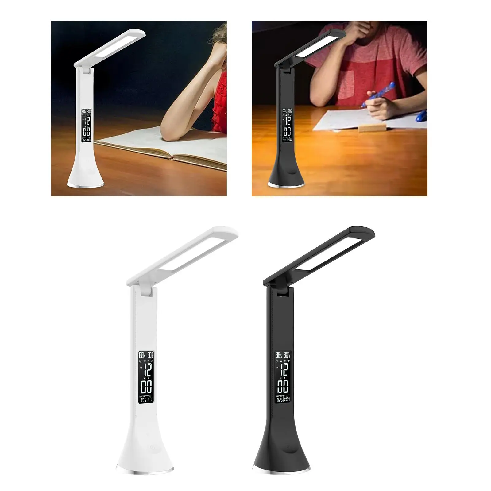 LED Desk Lamp Alarm Clock Modern Folding Tabletop Time Weeks Date Adjustable Humidity Bedside Foldable Table Lamp Bedroom Office