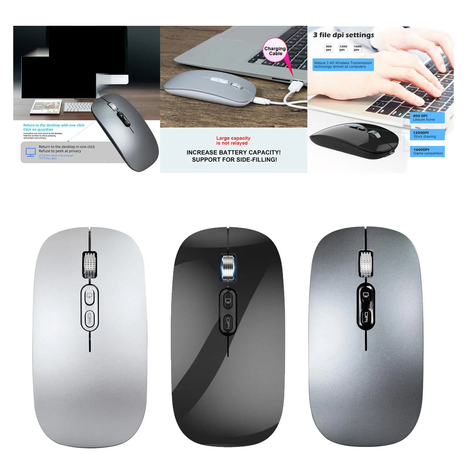 Wireless Mouse 2.4G Bluetooth 5.1 Portable 2 Modes 3 Adjustable DPI Optical Slim Cordless Mouse for Laptop Computer PC Office