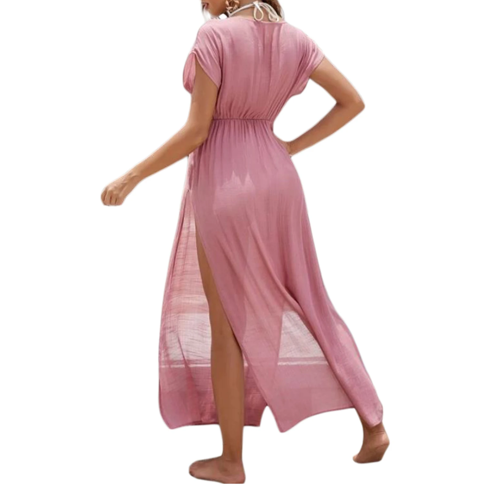 bathing suit skirt cover up Women Clothing Cover Up Dress Solid Color Short Sleeve Round Neck Slit Drawstring Waist Sheer Dress Beach Bikini Smock shein bathing suit cover ups