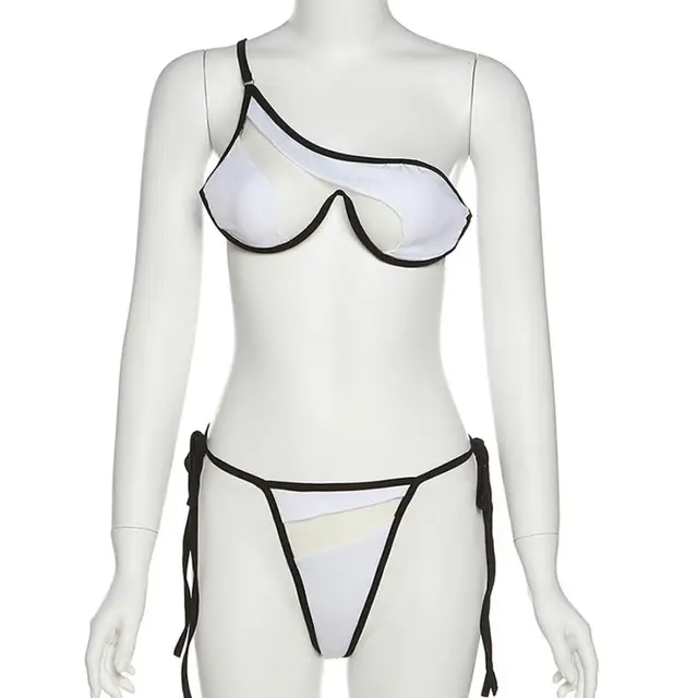 2Pcs One Shoulder Spaghetti Strap Bikini Sets High Waist Beach Swimsuit  Perspective Net Yarn Patchwork Sexy bikinis