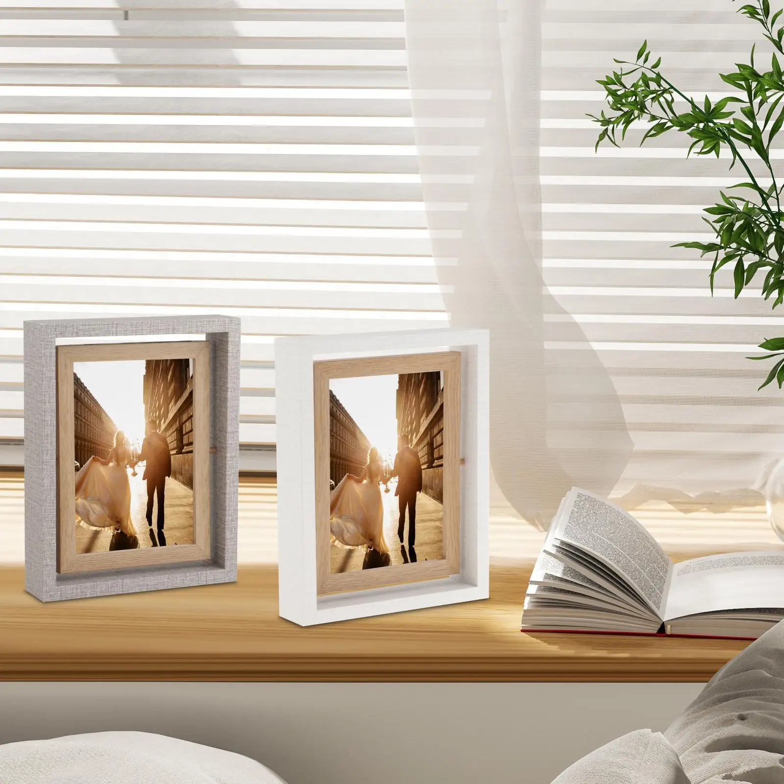Floating Picture Frame Photo Rack Desktop Wooden Rotating Photo Frame for Mother`s Day Farmhouse Father`s Day Living Room Office