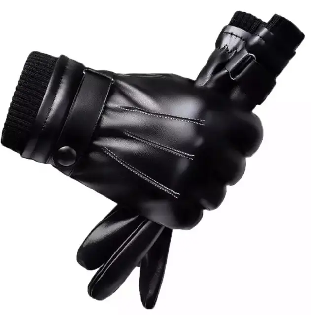 Homme Gants hiver similicuir noir, Gants à bouton chaud mitaines luxueux en  polyuréthane PU, Mode en ligne