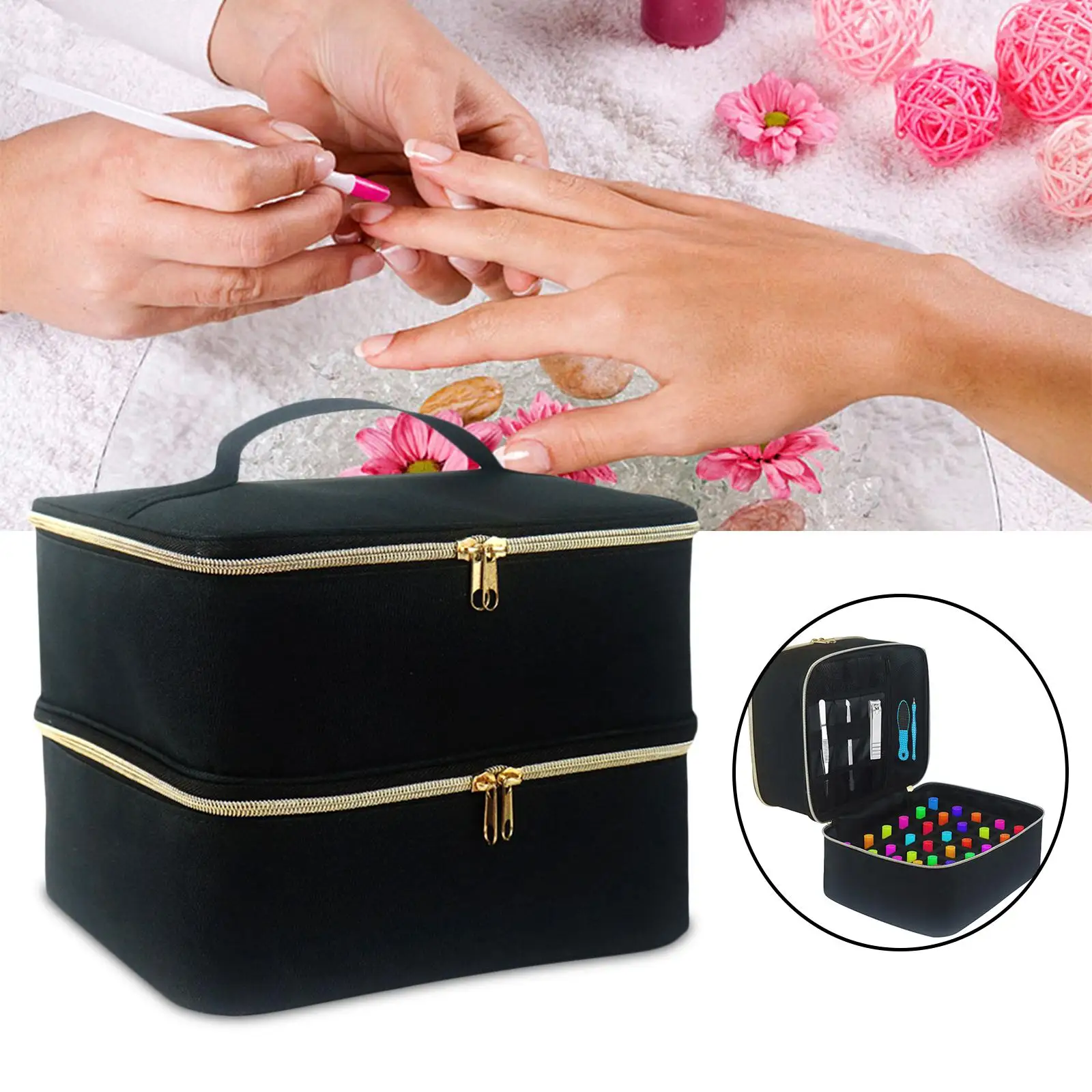 Double Layers Nail Polish Carrying Case Detachable Portable Nail Polish Storage Travel Makeup Bag for Holds 30 Bottles(15ml)