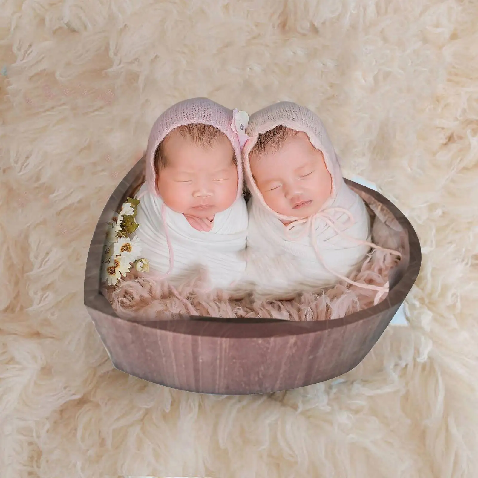 Newborn Infants Photography Props Wood Basin Heart Shaped Lovely Size 39x39x15cm