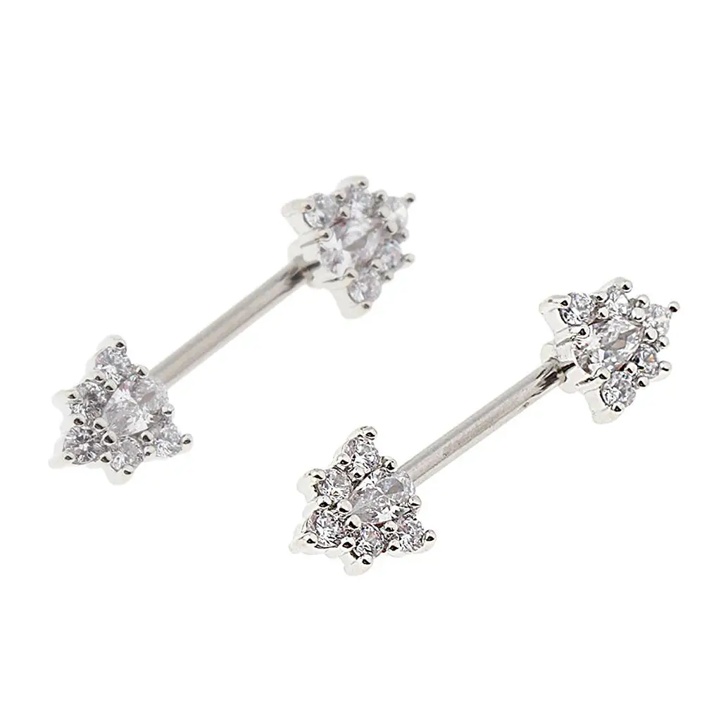 2Pcs CZ Crystal Bar Rings Stainless Steel Barbell BodyJewelry 18G