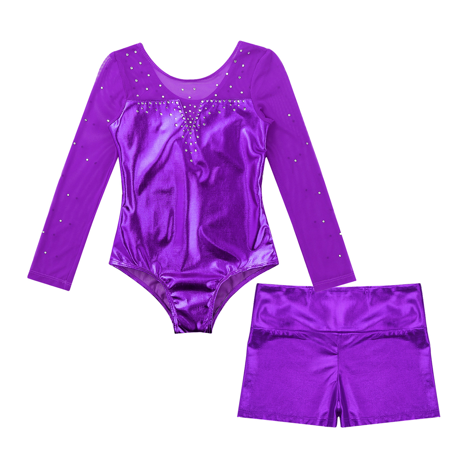 Kinder Mädchen Glitzernde Strasssteine Ballett Tanz Rhythmische Gymnastik Trikot Metallic Langarm Eiskunstlauf Overall mit Shorts – Detail 14