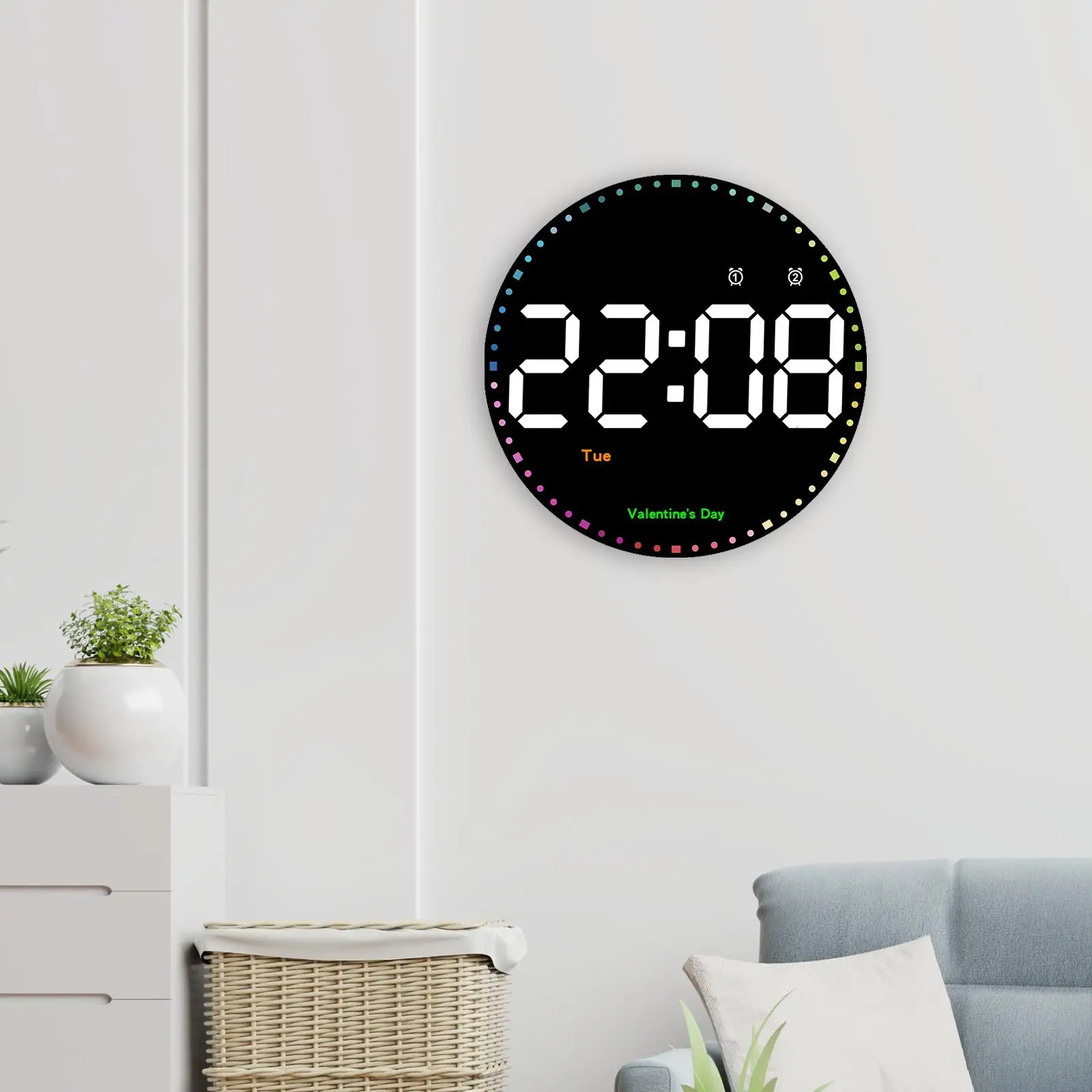 LED Digital Wall Clock Calendar Remote Control Snooze Countdown Timer Temperature Alarm Clock for Bedroom Office Seniors