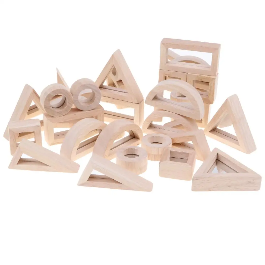 Wooden Stacking Blocks Toys , 24PCS Geometric Mirror Blocks Building Construction Toy, Shape Sorter Montessori Toy