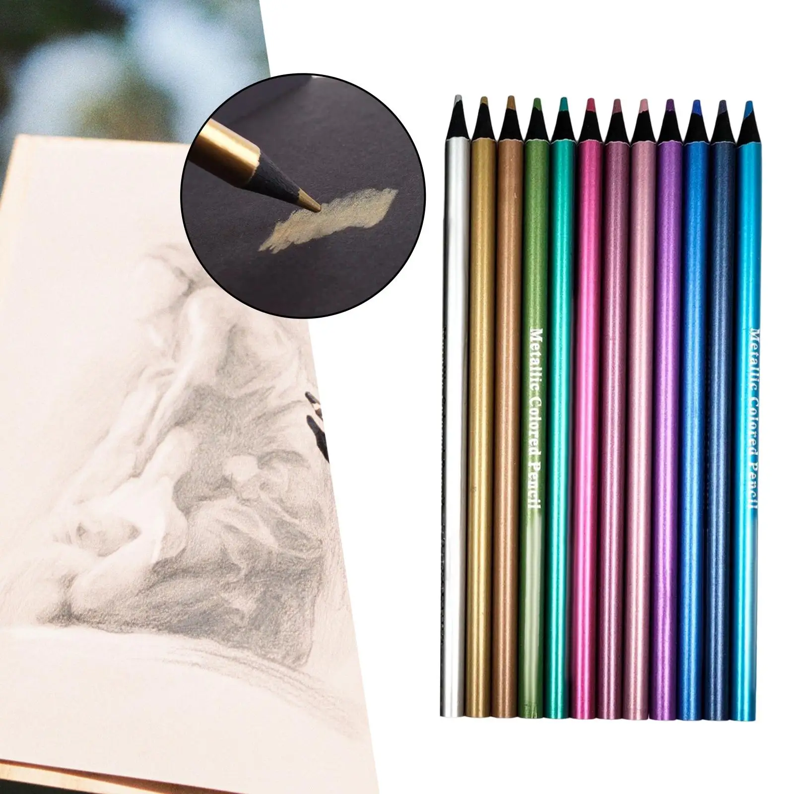 12 Metallic Colored Pencils Sketching Painting Coloring, Shading Writing Drawing, Pencils Birthday Gift Art Craft