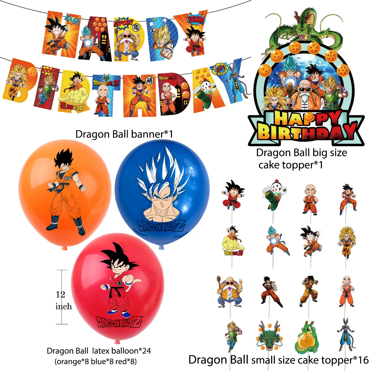 Dragon Ball Z Birthday Party Decoration Anime Tableware Invitation Cards Banner Backdrop Poster Cake Topper Number Balloon Set