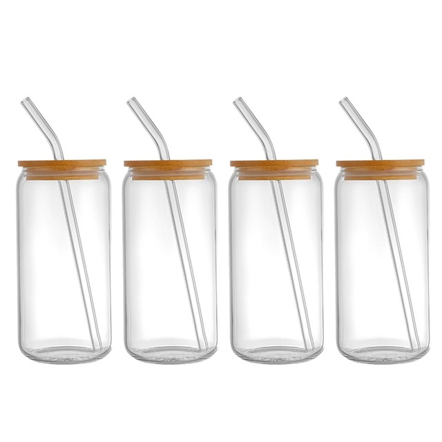 Dropship 4 Set Glass Cups With Bamboo Lids And Straws, 20oz Can