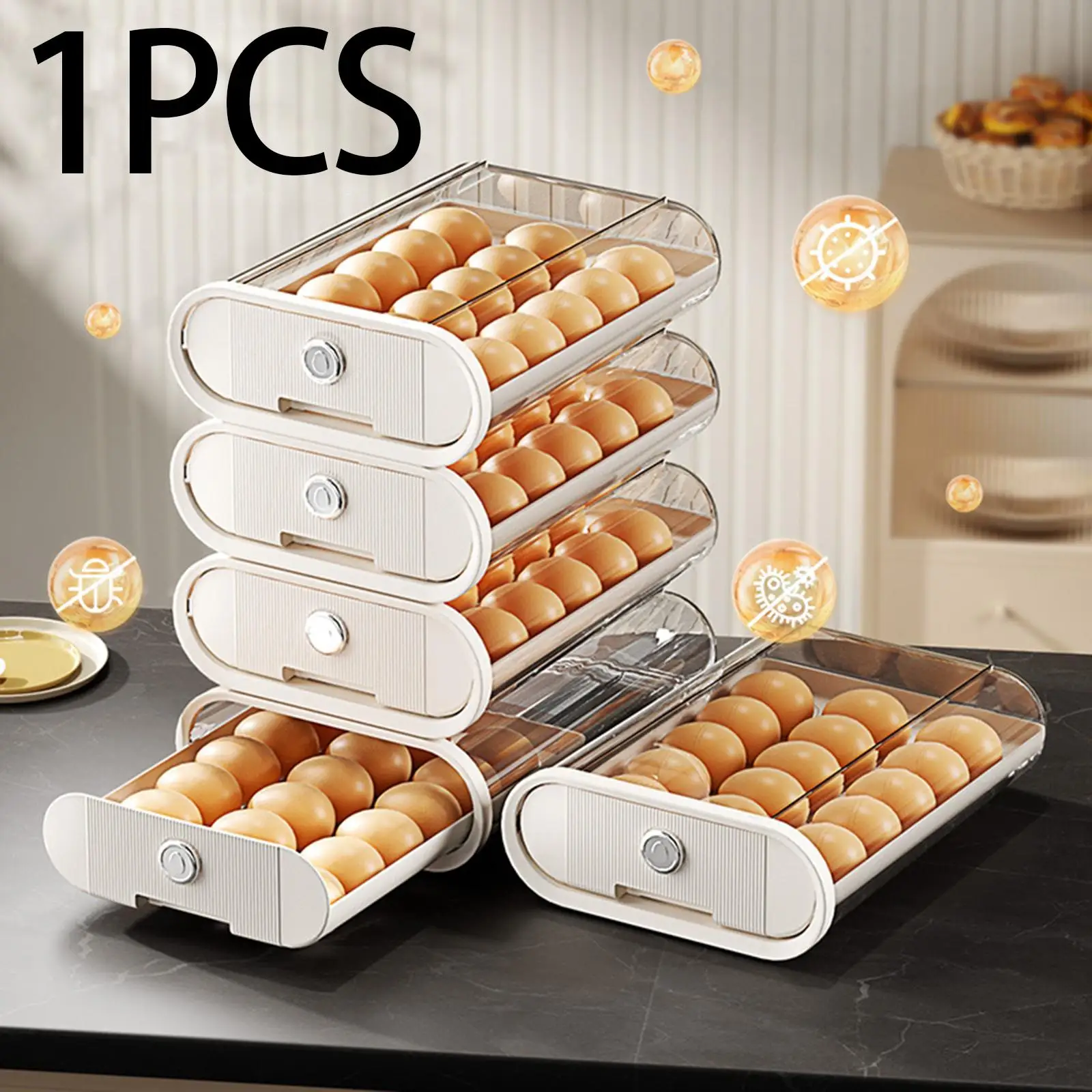 Egg Storage Container, Egg Holder with Lids, Reusable Automatic Rolling for Kitchen