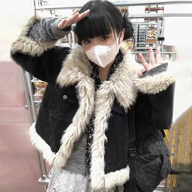 Y2k Aesthetics Black Denim Coat Grunge Fairycore Jeans Fur Jacket