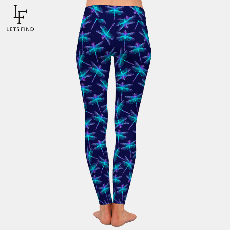 LETSFIND-Libélula 3D feminina cintura alta leggings elásticas,