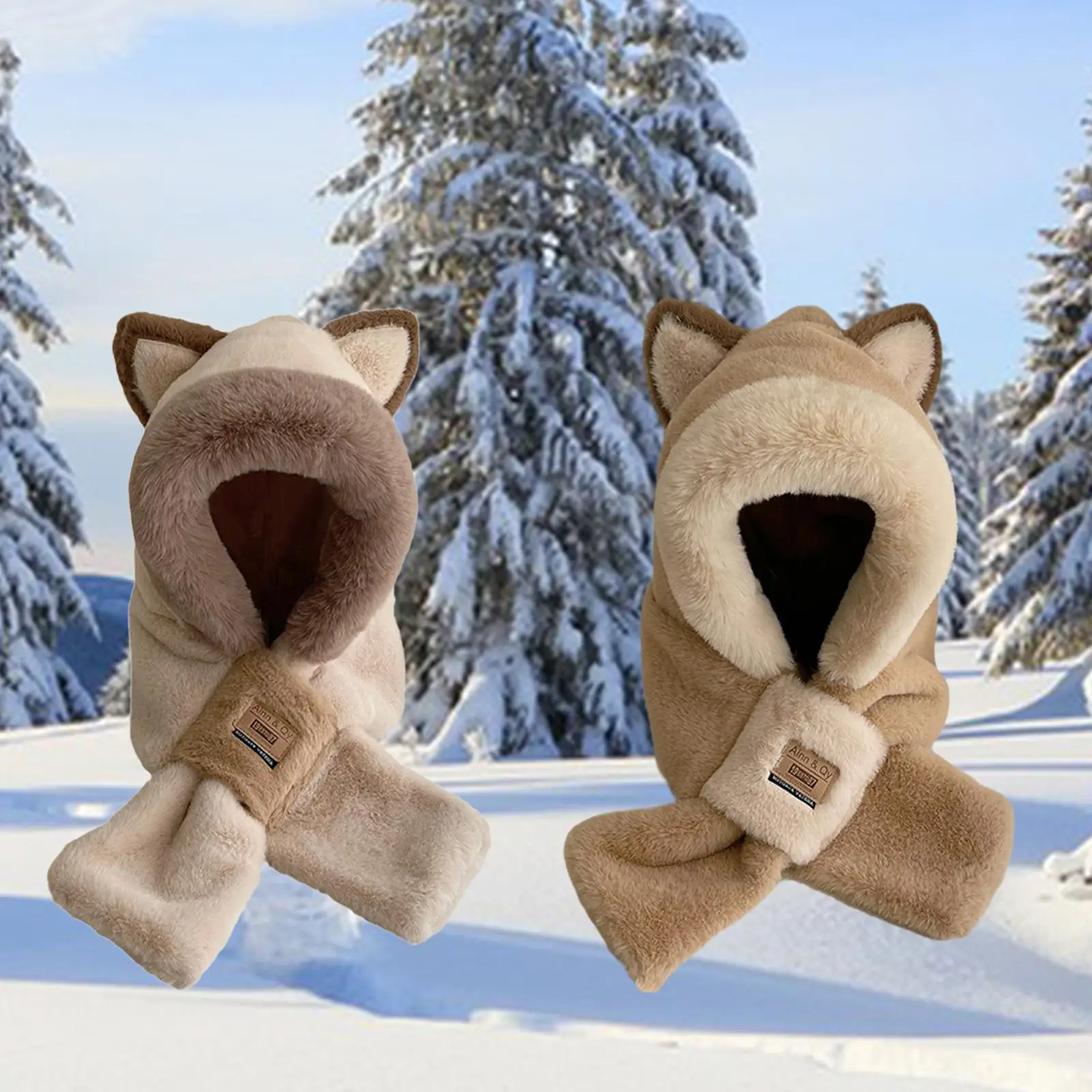 Plush Hooded Scarf Winter Hat Scarf Set Warm Windproof Casual Ear Protection Cap Costume Hats Animals Hat for Parties Outdoor