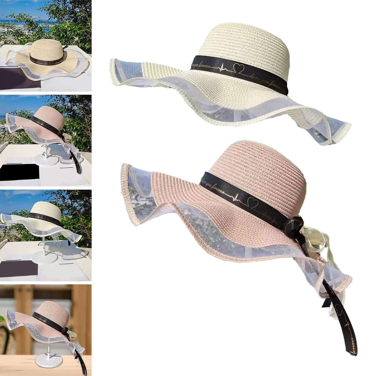 Women Straw Hats Breathable Sun Hat Beach Hats Ribbon Bow Foldable Sunhat