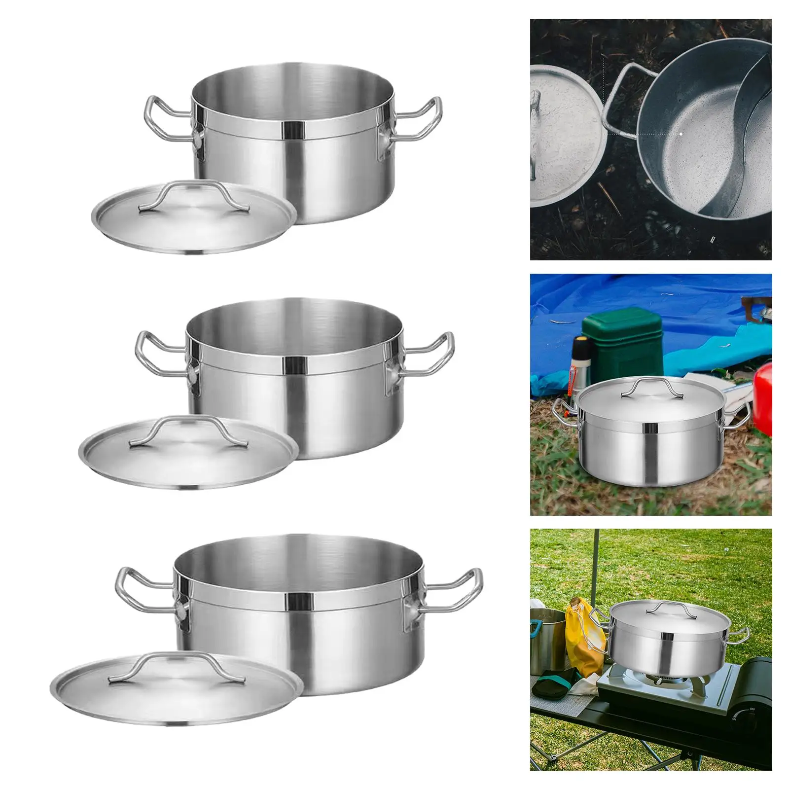 Stainless Steel Stockpot with Lid Heavy Duty Small Double Handles Induction Pot for Commercial Outdoor Kitchen Camping Household