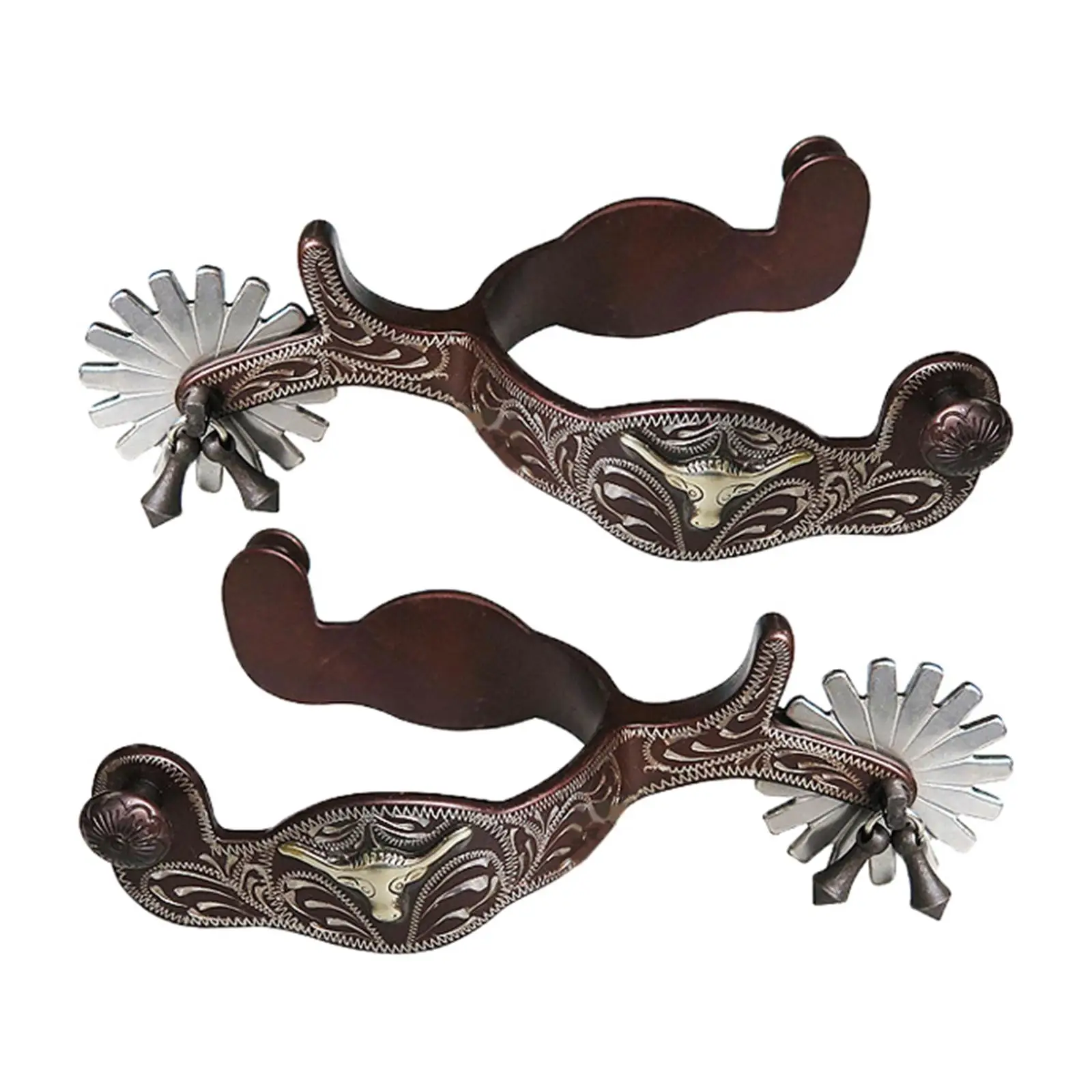 2pcs Horse Riding Spurs Bronzed Western Style Spurs Stainless Steel Hand Carving Encrusted Western Cowboy Spur